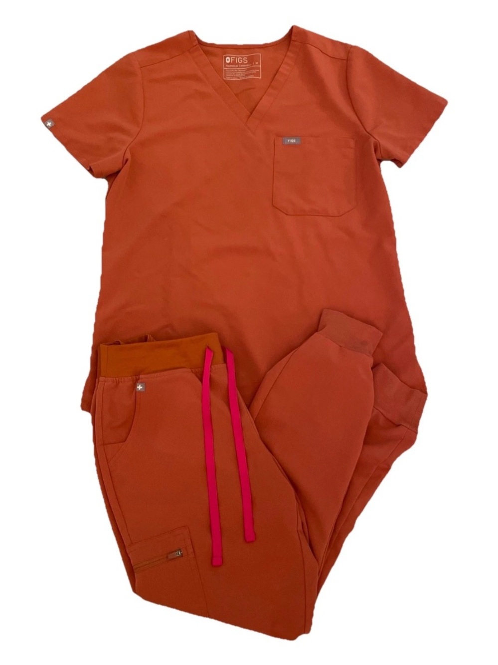 FIGS Terracotta Scrub Set Medium Catarina Top/Small Zamora Jogger Bottoms Pants